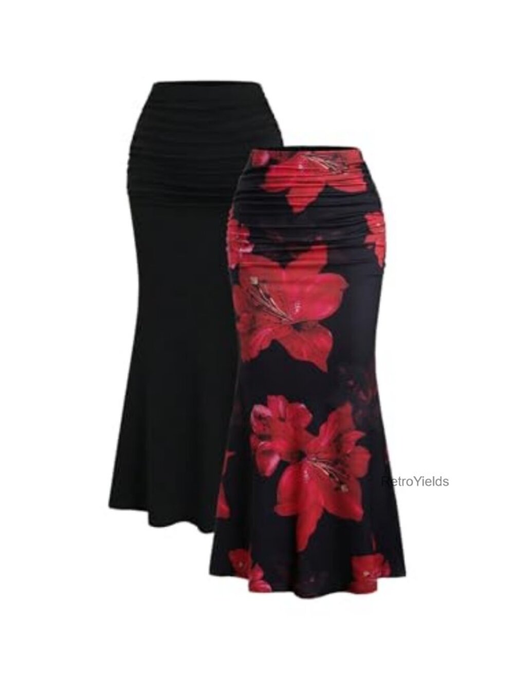 Women's 2 Pack Fishtail Skirt Ruched Bodycon Midi Skirts Floral